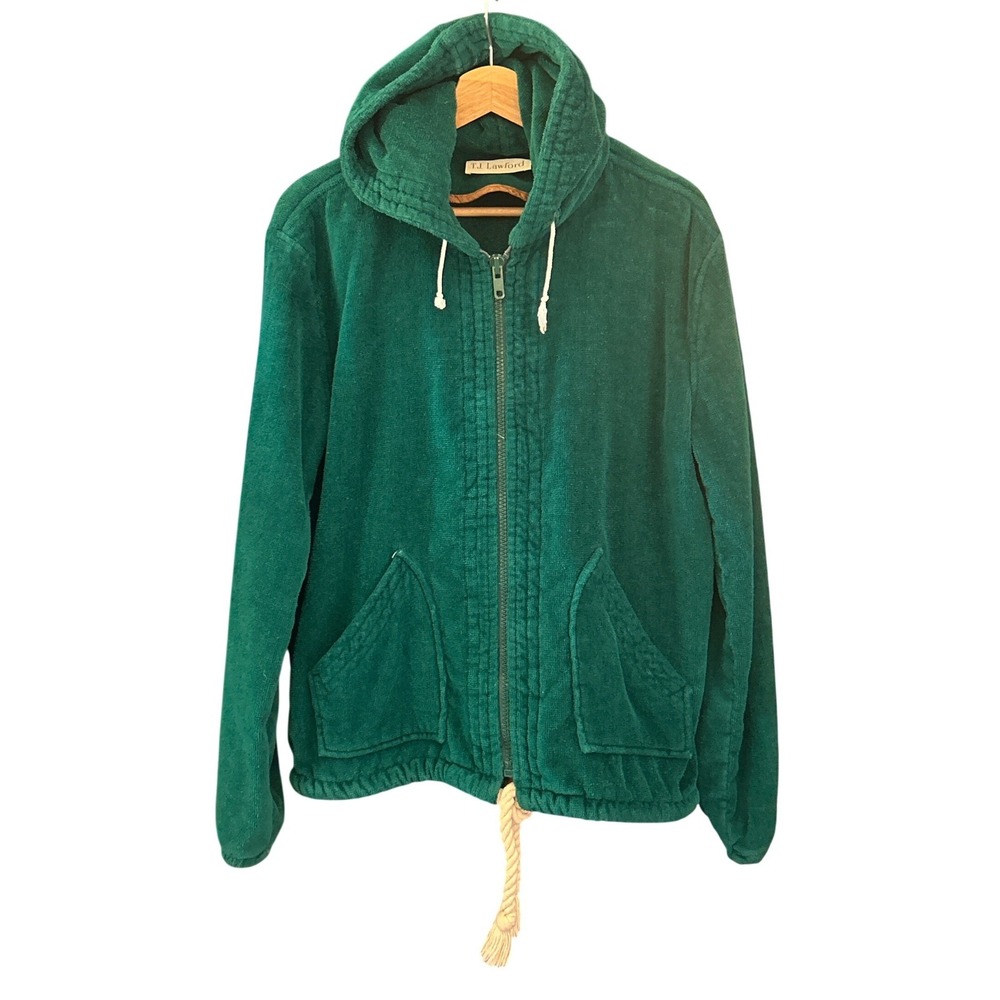 Vintage T.J. Lawford Terry Cloth Zip Hoodie Emerald Green Retro Beach Surf